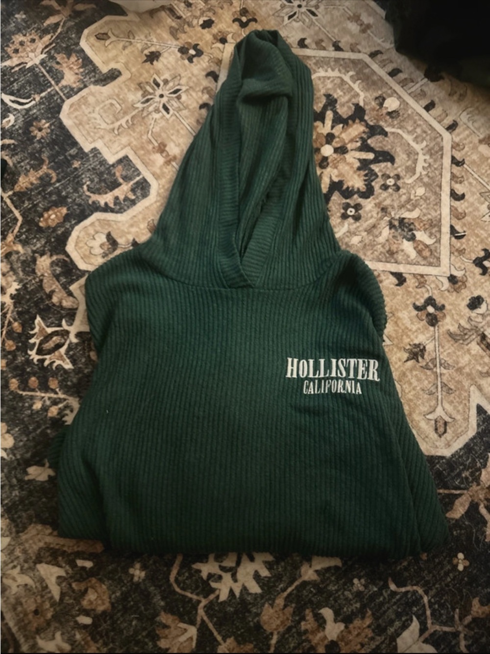Hollister Woman’s Dark Green Ribbed Crewneck Hoodie with White Logo